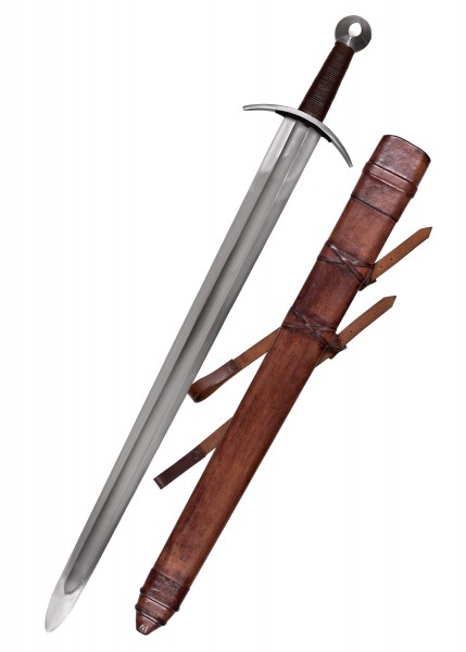 Ein mittelalterliches Kreuzritterschwert mit polierter Klinge und braunem Griff. Das Schwert wird mit einer passenden braunen Scheide geliefert, die mit Riemen zur Befestigung ausgestattet ist. Ideal für Sammler und Reenactments.