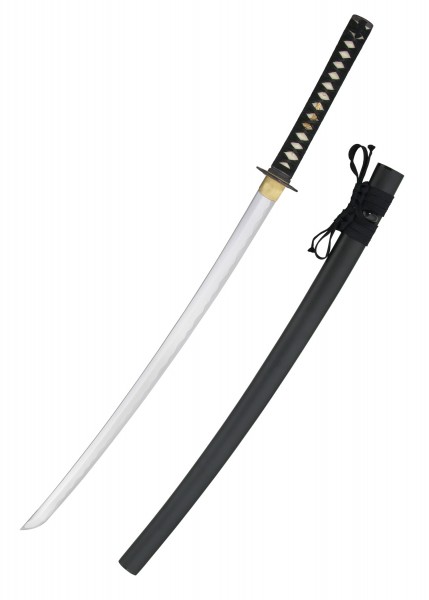 Das Musashi Elite Katana ist ein hochwertiges japanisches Schwert mit einer eleganten, gebogenen Klinge und einem schwarzen Griff mit weißem Muster. Eine schwarze Saya (Scheide) begleitet das Schwert. Ideal für Sammler und Kampfkünstler.