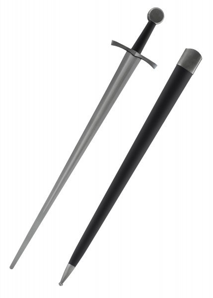 Tinker Frühmittelalter-Schwert mit Schaukampfklinge und passender Scheide. Das Schwert zeichnet sich durch seine lange, schlanke Klinge und den runden Knauf aus, ideal für historische Nachstellungen und Schaukämpfe.