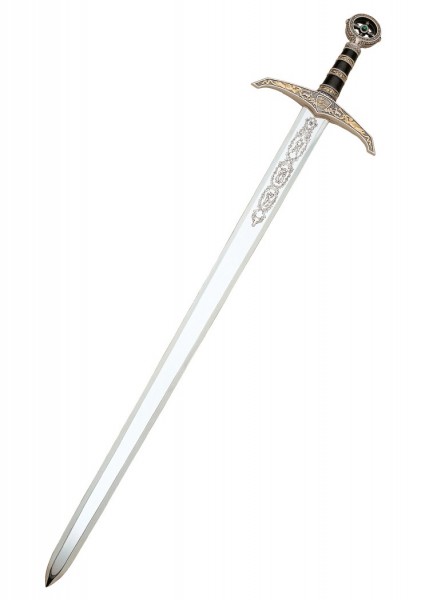 Silberfarbenes Robin Hood Schwert von Marto mit detaillierten Gravuren auf der Klinge und verziertem Knauf. Der Griff ist mit schwarzem und goldenem Band akzentuiert. Perfekt für Sammler oder als dekoratives Stück.