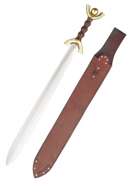 Das Keltische Schwert zeichnet sich durch seine robuste Klinge und den kunstvoll gestalteten Griff aus. Es wird mit einer braunen Lederscheide geliefert, die traditionelles Design und praktische Funktionalität vereint.