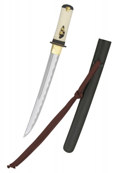 Der Tori Tanto ist ein kunstvoll gefertigtes japanisches Messer mit einer polierten Klinge, einer kunstvoll verzierten Griff und einer schlichten schwarzen Scheide. Ideal für Sammler und Enthusiasten traditioneller japanischer Handwerkskunst.