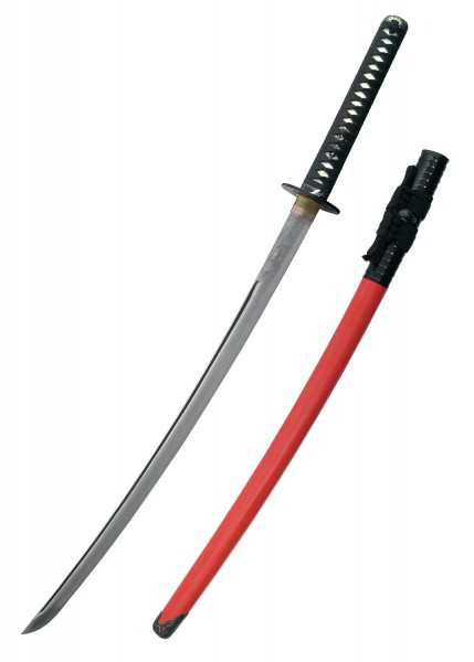Kami Katana mit scharfer Klinge und roter Scheide. Die elegante schwarze Griffwicklung kontrastiert schön mit dem glänzenden Stahl der Klinge. ideales Schwert für Sammler und Enthusiasten japanischer Schwerter.