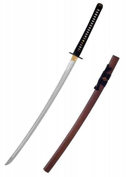 Das John Lee Red Wood Iaito, kurz, zeigt ein traditionelles japanisches Schwert in voller Länge und Detail. Das Schwert hat eine glänzende Klinge, eine schwarze Wicklung auf dem Griff und eine braune Scheide. Ideal für Iaido-Übungen.