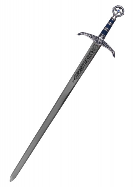 Das Robin Hood Schwert von Marto ist eine silberne Klinge mit blauen Details. Es hat kunstvolle Zierätzungen und eignet sich perfekt als Sammlerstück für Film- und Mittelalterfans.