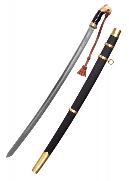 Schaschka, das lange Messer der Kosaken, gefertigt von Hanwei. Die Klinge ist aus hochwertigem Stahl mit detaillierter Gravur, der Griff ist elegant gestaltet. Die schwarze Scheide hat goldene Akzente und einen praktischen Tragehaken.