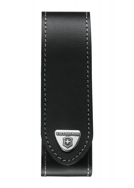 Kleines Leder-Gürteletui von Victorinox, speziell für den Ranger Grip. Es ist aus hochwertigem schwarzen Leder gefertigt und verfügt über robuste Nähte sowie ein silbernes Emblem mit dem Victorinox-Logo. Perfekt zum sicheren Verstauen und Transportie
