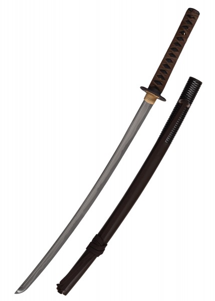Das Tori Iaito ist ein traditionelles japanisches Schwert mit verschiedenen Klingenlängen. Es hat eine detaillierte, braune Grifffassung und eine schlanke, polierte Klinge. Die robuste schwarze Saya bietet sicheren Schutz.