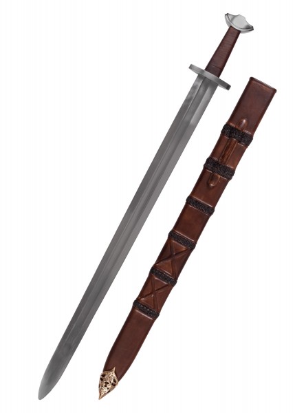Wikinger Tempelschwert mit Scheide zeigt eine authentische, lange Klinge aus Stahl und einen lederumwickelten Griff. Die Scheide ist aus braunem Leder mit kunstvollen Metallbeschlägen gefertigt, was ein historisches Design hervorhebt.