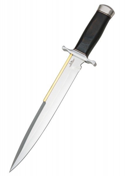 Das Gil Hibben Old West Toothpick Messer besticht durch seine elegante Klinge mit goldener Zierlinie. Der schwarze Griff und die robuste Bauweise machen es zu einem unverzichtbaren Sammlerstück für Messerliebhaber.