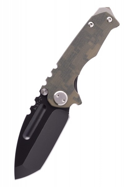 Das Taschenmesser Micro Praetorian G von Medford Knife hat eine robuste, schwarze Klinge und einen Griff in Tarnfarben. Es bietet eine zuverlässige Schneidfähigkeit und ist ideal für den täglichen Gebrauch und Outdoor-Abenteuer geeignet.