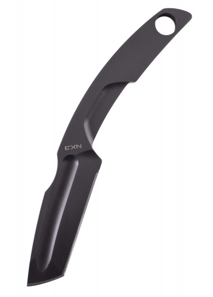 Das Extrema Ratio N.K.3 ist ein schwarzes, feststehendes Messer mit einer robusten und ergonomischen Klinge. Es besitzt ein elegantes und funktionales Design und ein Loch am Griffende für vielseitige Befestigungsoptionen.