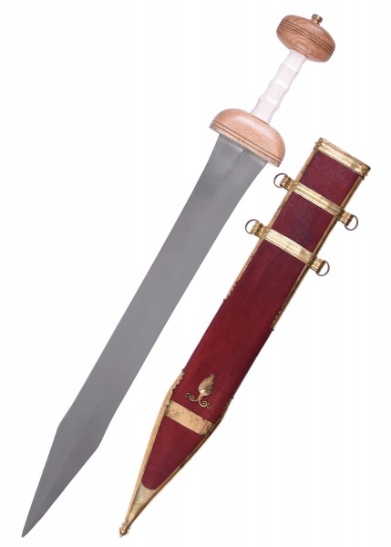 Römischer Gladius Typ Mainz mit passender Scheide aus dem 1. Jahrhundert. Das Schwert hat eine gerade Klinge, einen Holzgriff und eine kunstvoll verzierte rote Scheide mit goldenen Beschlägen. Ein prächtiges Sammlerstück.