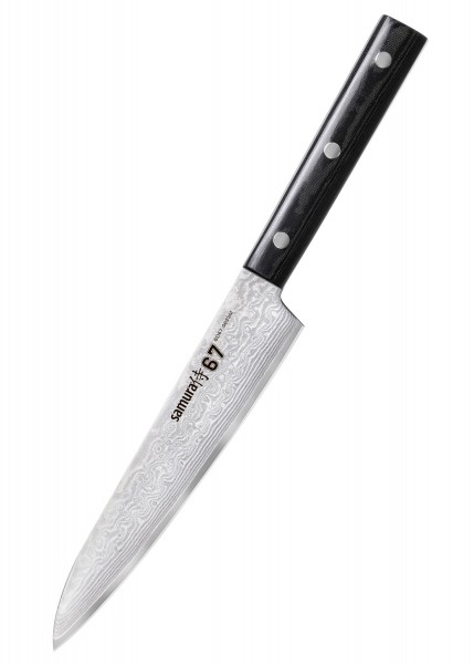Das Samura DAMASCUS 67 Allzweckmesser hat eine 150 mm lange Klinge aus Damaszenerstahl mit auffälligem Muster und einen schwarzen Griff mit drei Nieten. Es eignet sich perfekt für präzises Schneiden und vielseitige Küchenarbeiten.