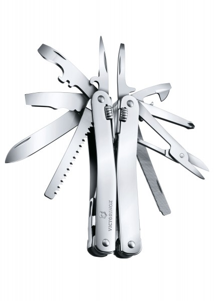 Das SwissTool Spirit X im Leder-Etui ist ein multifunktionales Werkzeug. Es zeigt mehrere ausgeklappte Funktionen wie Messer, Schere und verschiedene Schraubendreher. Das Werkzeug besteht aus poliertem Edelstahl und ist strapazierfähig. Das abgebilde