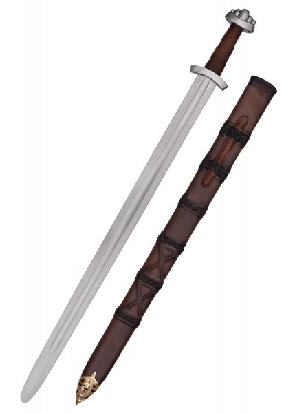 Dieses Wikingerschwert aus dem 10. Jahrhundert mit brauner Lederscheide eignet sich perfekt für Schaukampf und historische Darstellungen. Der schlichte silberne Griff und die verzierte Scheide verleihen Authentizität und Detailtreue.