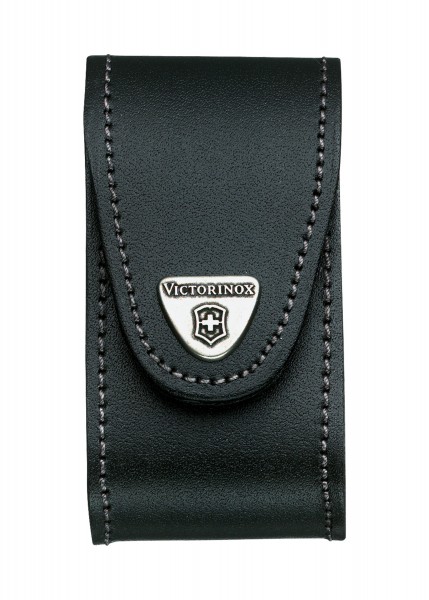 Das Gürteletui aus schwarzem Leder ist elegant und robust. Es trägt das Victorinox-Logo auf der Vorderseite und ist mit präzisen Nähten versehen. Ideal für den sicheren Transport kleiner Gegenstände, bietet es sowohl Stil als auch Funktionalität.