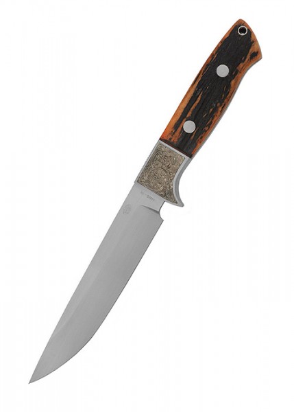 Das Wapiti Messer besitzt eine Drop-Point-Klinge aus Edelstahl und einen eleganten Hirschhorngriff mit zwei Nieten. Die detailreichen Gravuren nahe dem Griff zeugen von hoher Handwerkskunst und machen es zu einem Sammlerstück.