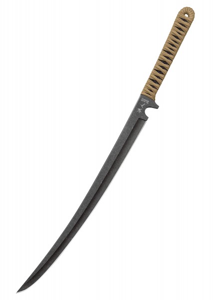 Das Black Ronin Tan Combat Wakizashi Schwert hat eine schlanke, gebogene Klinge und einen beigen, gewundenen Griff. Ideal für den taktischen Einsatz, zeichnet es sich durch seine hochwertige Konstruktion und sein robustes Design aus.