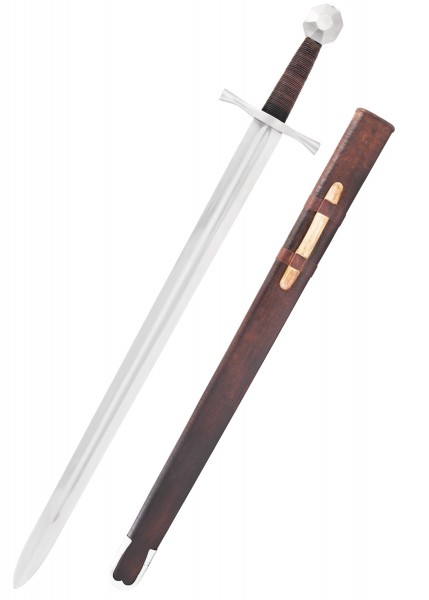 Kreuzritterschwert aus dem 13. Jahrhundert mit einem achteckigen Knauf. Das Schwert hat eine lange, schmale Klinge und einen braunen Ledergriff. Die dazugehörige Schwertscheide ist aus dunkelbraunem Holz mit Lederriemen gefertigt.