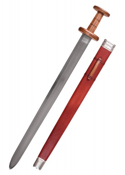 Das Feltwell Schwert aus dem 4.-5. Jahrhundert wird mit einer Scheide gezeigt. Der Griff ist aus Holz gefertigt, die Klinge lang und gerade. Die Scheide aus rotem Leder hat silberne Details.