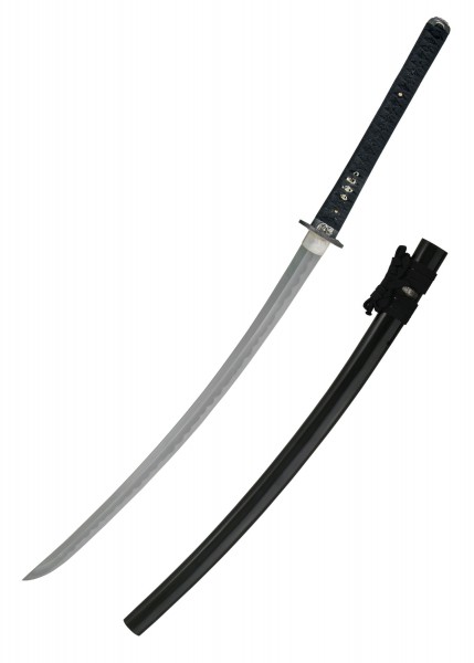 Die Oni Katana ist ein traditionelles japanisches Schwert mit einer schwarzen Saya (Scheide) und einem kunstvoll verzierten, schwarzen Griff (Tsuka). Die Klinge ist leicht gebogen und scharf, perfekt ausgewogen für Präzision.
