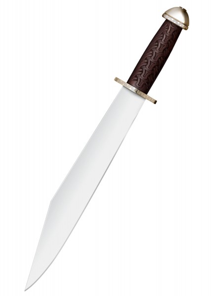 Der Chieftain's Sax ist ein beeindruckendes Messer mit einer langen, scharfen Klinge und einem aufwendig verzierten Griff. Der Griff ist in einem dunkelbraunen Farbton gehalten und mit kunstvollen Mustern versehen. Ideal für Sammler.