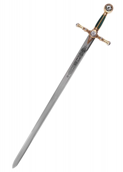 Freimaurer-Schwert mit goldfarbenem Griff und detailreicher Zierätzung auf der Klinge. Der Griff ist mit einem Muster verziert und das Schwert hat eine goldene Parierstange. Ideal als Sammlerstück oder Dekoration.