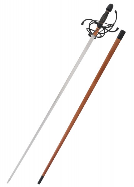 Das Bild zeigt einen antiken Solingen Rapier mit einer eleganten Klinge und einem kunstvoll gestalteten Griff. Die Schwertscheide ist aus Holz gefertigt und verleiht dem Gesamtdesign ein zusätzliches historisches Flair.