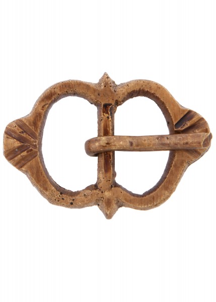 Eine Spätmittelalter Messing-Schnalle, Nr. 10, mit detailreichen Formen und Verzierungen. Das zweigliedrige Design mit abgerundeten Enden und symmetrischen Mustern verleiht ihr einen authentischen historischen Charakter.