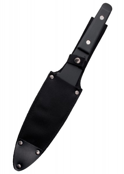 Die Scheide für Perfect Balance Wurfmesser ist aus robustem, schwarzem Material gefertigt. Sie verfügt über Metallnieten zur Verstärkung und einen Riemen für sichere Befestigung. Das Design ist funktional und auf Langlebigkeit ausgelegt, ideal für di