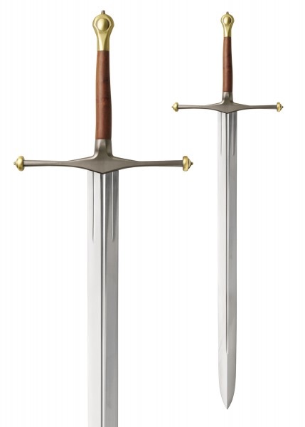 Detailaufnahme des Game of Thrones Schwertes 'Eis' von Eddard Stark. Das Schwert hat eine lange, silberne Klinge und einen eleganten Griff aus Holz mit goldenen Details.