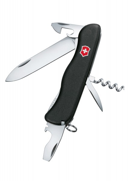 Das Bild zeigt ein schwarzes Picknicker-Messer von Victorinox. Es ist 111 mm lang und verfügt über mehrere ausklappbare Funktionen, darunter ein großes Messer, einen Flaschenöffner, einen Schraubendreher und einen Korkenzieher. Perfekt für Outdoor-Ak