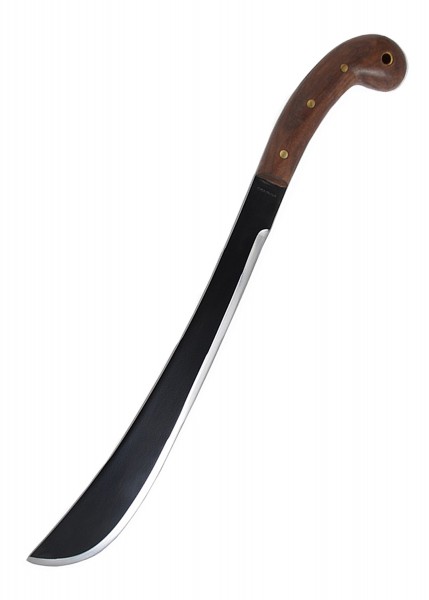 Das Bild zeigt ein Condor Golok Machete mit einer geschwungenen schwarzen Klinge und einem ergonomisch geformten Holzgriff. Die Klinge ist robust und eignet sich ideal für den Einsatz im Freien oder für schwere Schneidarbeiten.
