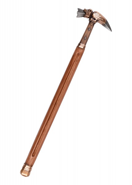 Italienischer Bestien-Hammer aus dem 14. Jahrhundert. Der Rabenschnabel hat einen detailliert geschnitzten Kopf und eine robuste Metallspitze. Schaft aus glattem, poliertem Holz. Ein beeindruckendes mittelalterliches Kriegswerkzeug.