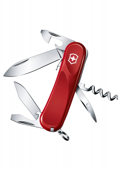 Das Victorinox Evolution S101 Taschenmesser ist in kräftigem Rot gehalten und verfügt über mehrere Funktionen, darunter ein Messer, ein Korkenzieher, ein Dosenöffner und ein Schraubendreher. Die ergonomische Form bietet einen bequemen Griff. Perfekt 