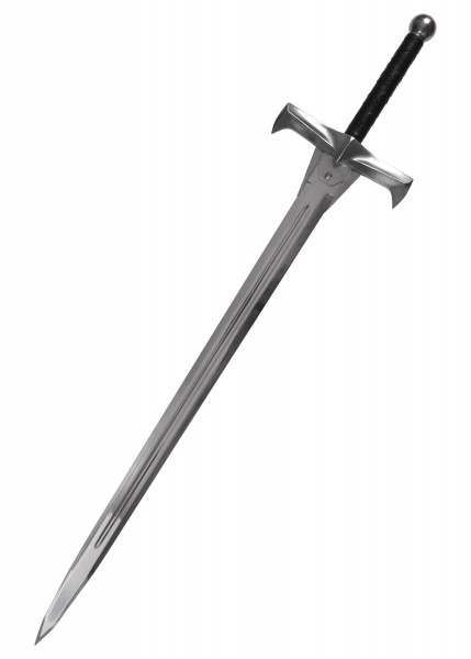 Das Highlander Schwert Kurgan von Marto zeigt eine glänzende, silberne Klinge mit einem markanten Handschutz und einem schwarzen Griff. Es besticht durch seine detaillierte Verarbeitung und beeindruckende Eleganz, ideal für Sammler und Enthusiasten.