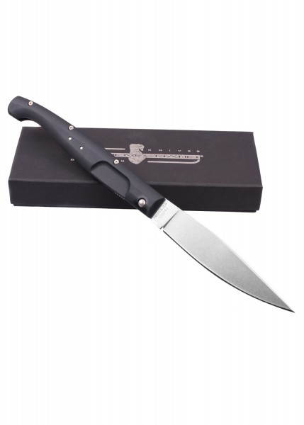 Das Extrema Ratio RESOLZA Taschenmesser besitzt eine stone-washed Klinge und einen schwarzen Griff. Präsentiert vor einer eleganten schwarzen Box. Ideal für Outdoor-Enthusiasten und Sammler hochwertiger Messer.