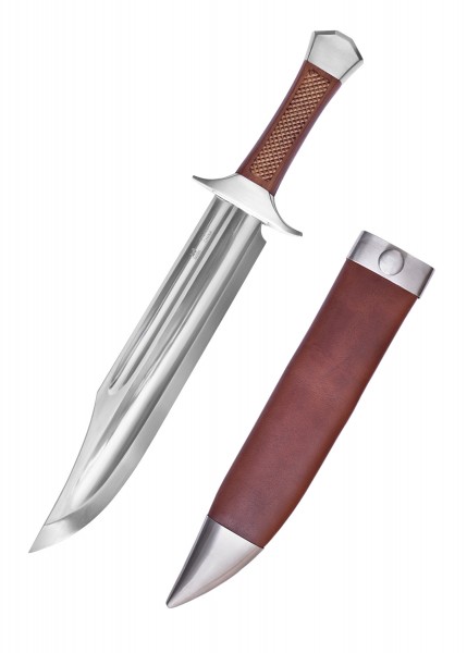 Das Outrider Bowie Messer zeigt eine glänzende Klinge mit einer einschneidigen, geschwungenen Form und eine gezahnte Griffpartie. Der mitgelieferte Scheide besteht aus braunem Leder mit metallischen Akzenten und bietet sicheren Halt.