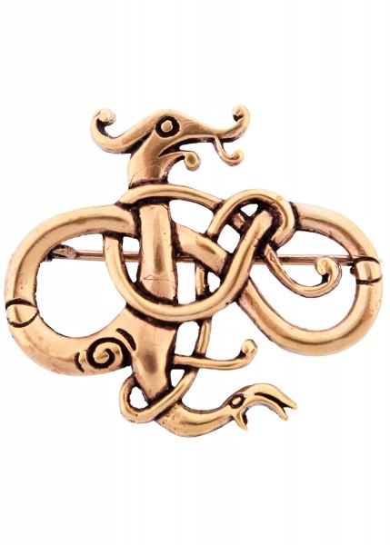 Diese Wikinger-Brosche aus Bronze zeigt ein kunstvolles Drachendesign. Detailliert und elegant, ideal als historisches Schmuckstück oder für Liebhaber nordischer Mythologie. Die verschlungenen Formen verleihen ihr ein authentisches Aussehen.