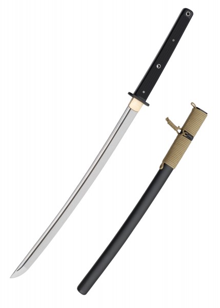 Das Tactical Wakizashi ist ein modernes, funktionales Schwert mit einer scharfen Klinge und schlanker schwarzer Griff. Die Scheide ist schwarz und mit einem haltbaren Seil umwickelt. Perfekt für taktische Anwendungen und traditionelles Training.