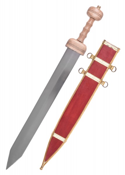 Gladius Typ Pompeji mit einer edlen Schwertscheide. Das Schwert hat eine scharfe Klinge und einen kunstvoll gestalteten Griff. Die Schwertscheide ist rot gefärbt und mit goldenen Verzierungen versehen. Ideal für historische Sammlungen.