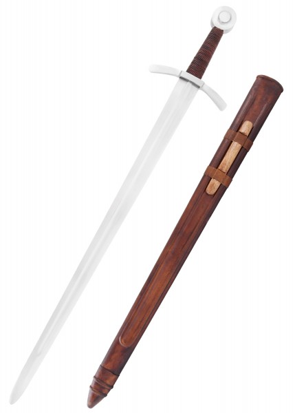 Das Bild zeigt ein Kreuzritter-Schwert mit Scheide. Das Schwert hat eine lange, schlanke Klinge, einen Scheibenknauf und einen mit Leder umwickelten Griff. Die hölzerne Scheide ergänzt den mittelalterlichen Look perfekt.