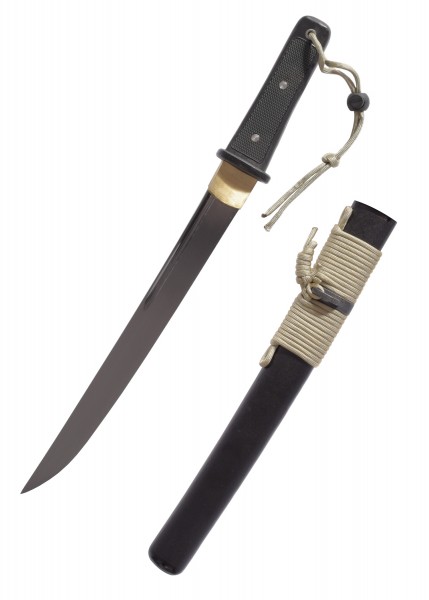 Das Tactical Tanto ist ein robustes Messer mit schwarzer Klinge und strukturierter Griff. Es hat eine messingfarbene Abschlusskappe und eine solide Scheide mit Schnurwicklung. Ideal für Outdoor- und taktische Anwendungen.