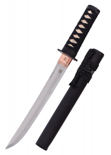 Tanto-Messer von Marto, mit einer glänzenden, gebogenen Klinge und einem schwarzen, mit Schnur umwickelten Griff. Enthält eine schwarze Scheide mit traditioneller Knotenbindung. Perfekt für Sammler japanischer Schwerter.