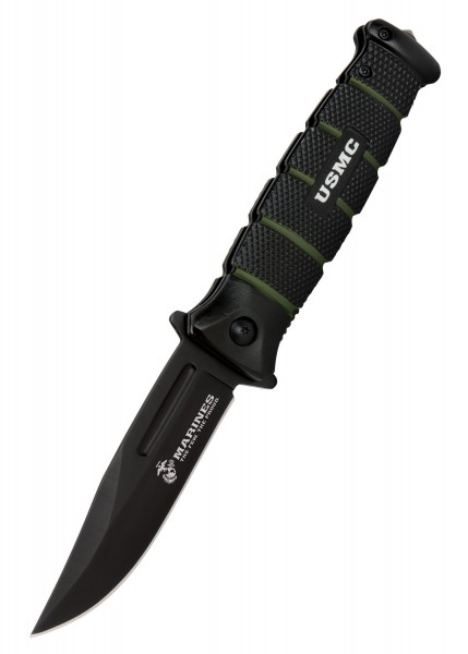USMC Combat Taschenmesser mit schwarzer, scharfer Klinge und ergonomischem, grün-schwarzem Griff für sicheren Halt. Ideal für Outdoor-Aktivitäten und Überlebenssituationen. Robuste Konstruktion mit „USMC“-Logo auf dem Griff.